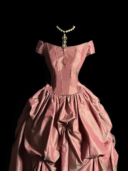 Vestido de fiesta modesto de tafetán rosa con hombros descubiertos, largo, para fiesta de graduación, para quinceañeras, DP2041