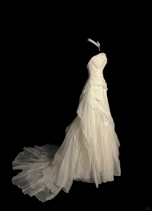 Vestido de novia retro de sirena sin tirantes, color marfil, de gasa, largo, años 70, DP2053