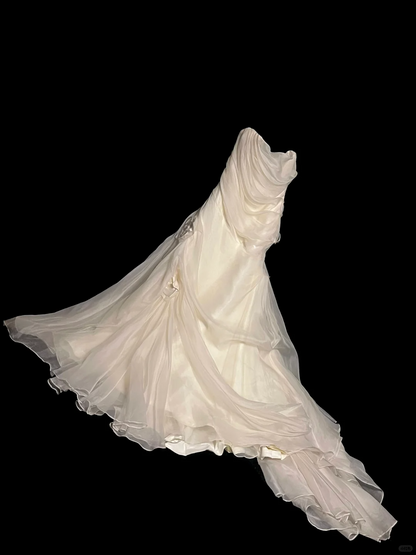 Vestido de novia retro de sirena sin tirantes, color marfil, de gasa, largo, años 70, DP2053