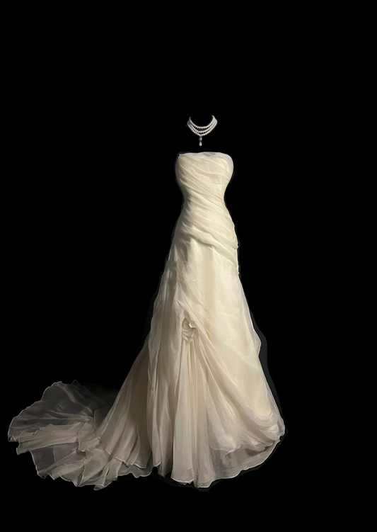 Vestido de novia retro de sirena sin tirantes, color marfil, de gasa, largo, años 70, DP2053