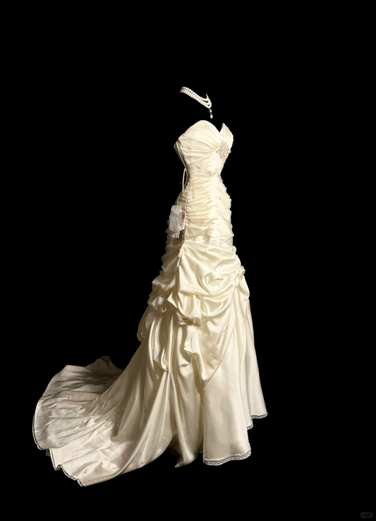Vestido de novia vintage de corte sirena, escote corazón, color marfil, largo, estilo retro de los años 70, DP2055