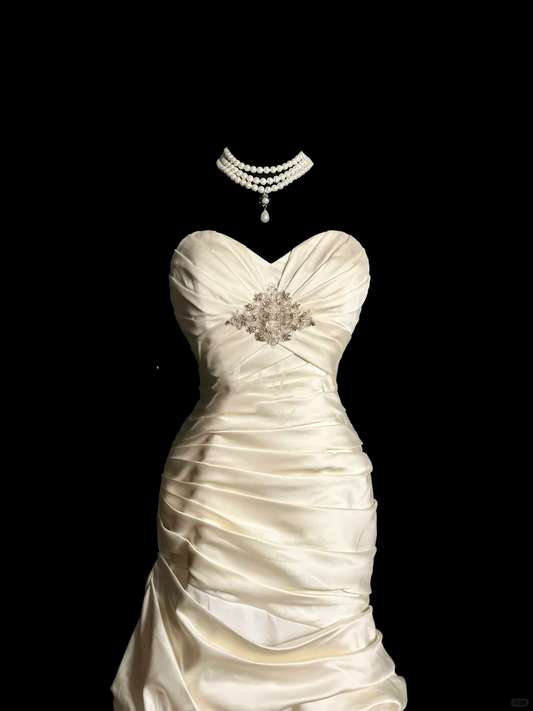 Vestido de novia vintage de corte sirena, escote corazón, color marfil, largo, estilo retro de los años 70, DP2055