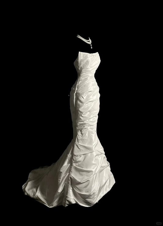 Vestido de novia vintage de corte sirena sin tirantes, color marfil, de tafetán, estilo retro de los años 70, DP2056