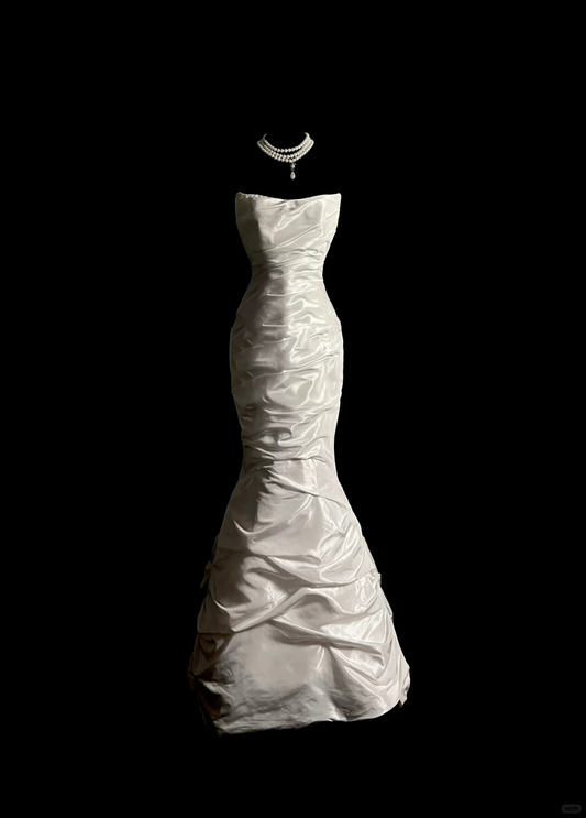 Vestido de novia vintage de corte sirena sin tirantes, color marfil, de tafetán, estilo retro de los años 70, DP2056