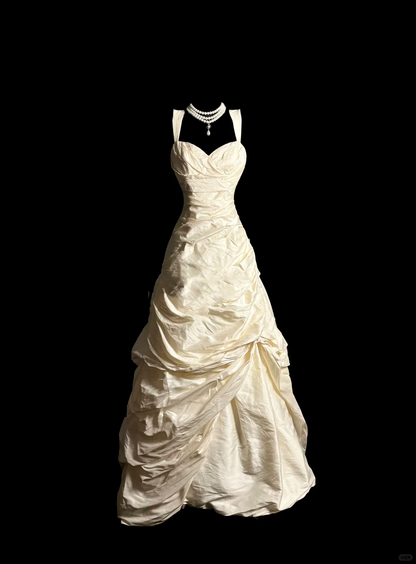 Vestido de novia vintage, corte corazón, tafetán marfil, largo, estilo retro de los años 70, DP2057
