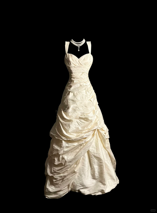 Vestido de novia vintage, corte corazón, tafetán marfil, largo, estilo retro de los años 70, DP2057