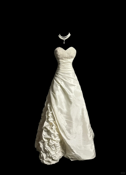 Vestido de novia vintage, corte corazón, tafetán marfil, largo, estilo retro de los años 70, DP2067