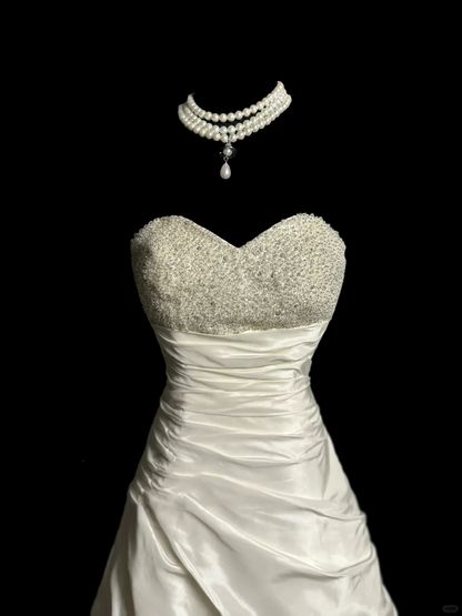 Vestido de novia vintage, corte corazón, tafetán marfil, largo, estilo retro de los años 70, DP2067