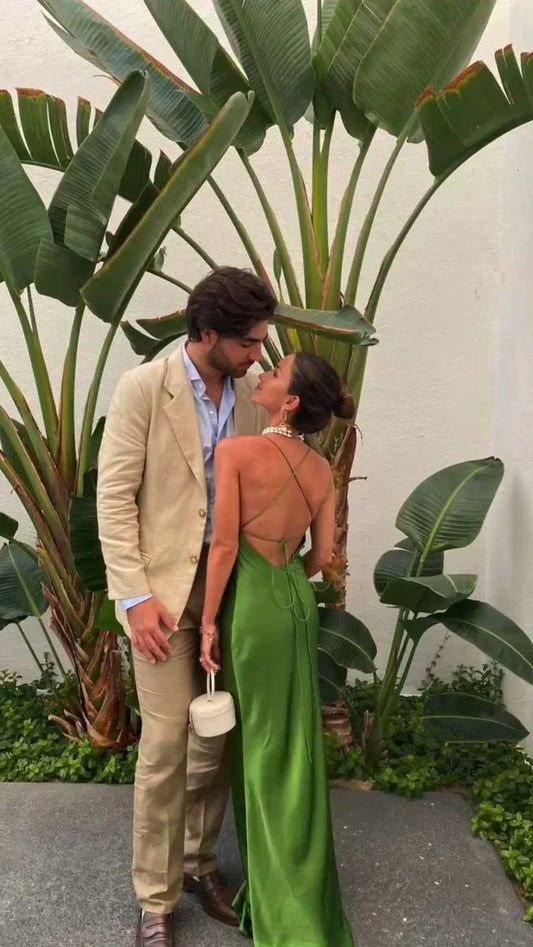 Elegante vestido de fiesta largo verde sin espalda Vestidos de fiesta elegantes