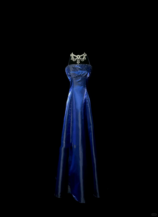 Vestido retro de satén azul rey con cuello halter y cuentas para 18 cumpleaños, vestido de fiesta, atuendos de cumpleaños para mujer DP2069