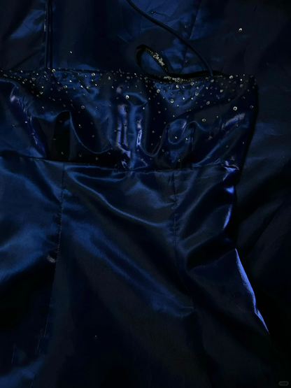 Vestido retro de satén azul rey con cuello halter y cuentas para 18 cumpleaños, vestido de fiesta, atuendos de cumpleaños para mujer DP2069