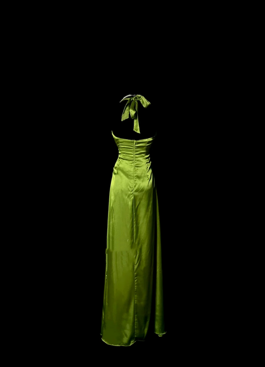 Vestido verde retro con cuello halter para 20 cumpleaños, vestido largo de fiesta, atuendos de cumpleaños para mujer DP2072