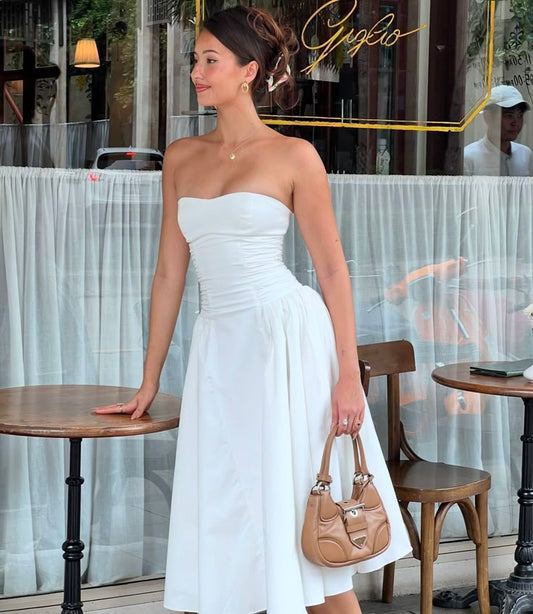 Vestido blanco de verano, corte A, sin tirantes, largo hasta la rodilla, para fiestas, para cumpleaños número 18, cóctel, DP2106