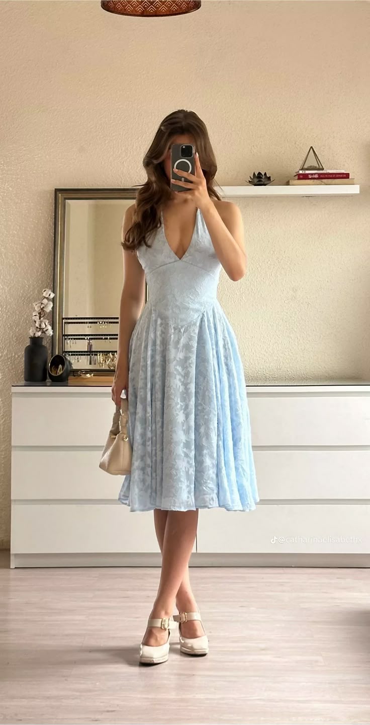 Vestido azul de verano con cuello halter, corte A, largo hasta la rodilla, para fiestas, para cumpleaños número 18, cóctel, DP2107