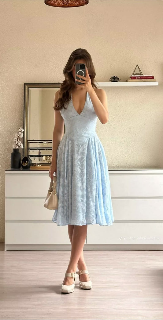 Vestido azul de verano con cuello halter, corte A, largo hasta la rodilla, para fiestas, para cumpleaños número 18, cóctel, DP2107