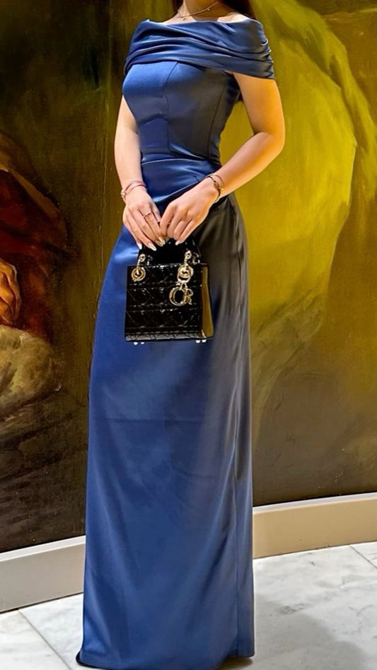Elegante vestido de fiesta azul marino de satén con hombros descubiertos, vestidos formales de verano para invitadas de boda, trajes para invitadas de boda DP2125