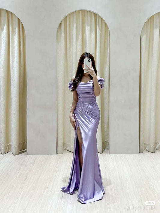 Hermosos vestidos de fiesta de sirena con hombros descubiertos en color lila, vestidos formales de verano para invitadas de boda, atuendos para invitadas de boda DP2132