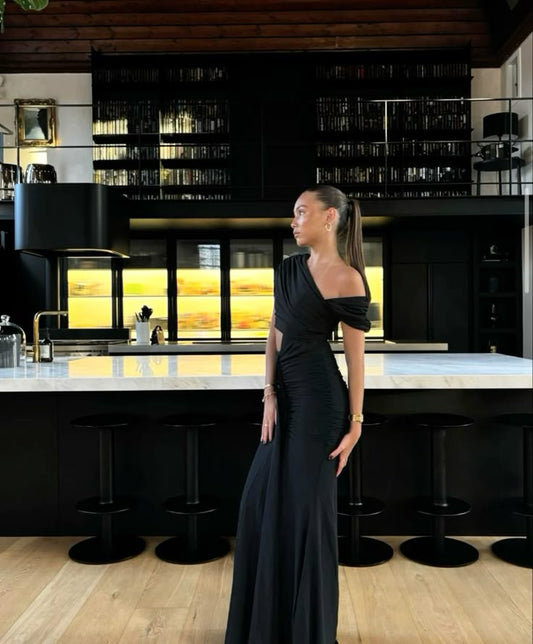 Hermoso vestido de noche negro con hombros descubiertos y corte sirena, vestidos de fiesta formales de verano para invitadas de boda, trajes para invitadas de boda DP2135
