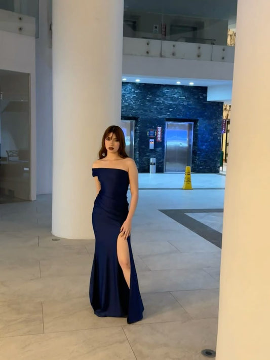 Hermoso vestido de fiesta de noche azul marino con abertura y hombros descubiertos, estilo sirena, para invitadas de boda de verano, trajes de invitada de boda DP2140
