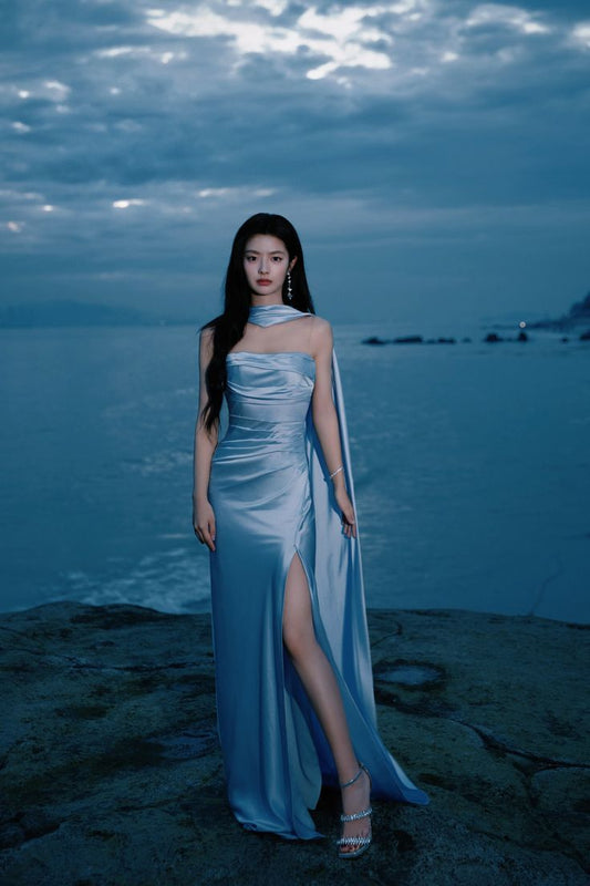 Gorgeous Sheath Strapless Blue Slit Satin Prom Dresses Formal Summer Wedding Guest Dresses Wedding Guest Outfits DP2148