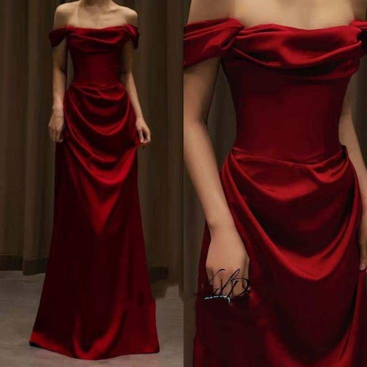 Elegante vestido de fiesta de satén burdeos con hombros descubiertos y corte sirena, vestidos formales de verano para invitadas de boda, trajes para invitadas de boda DP2155