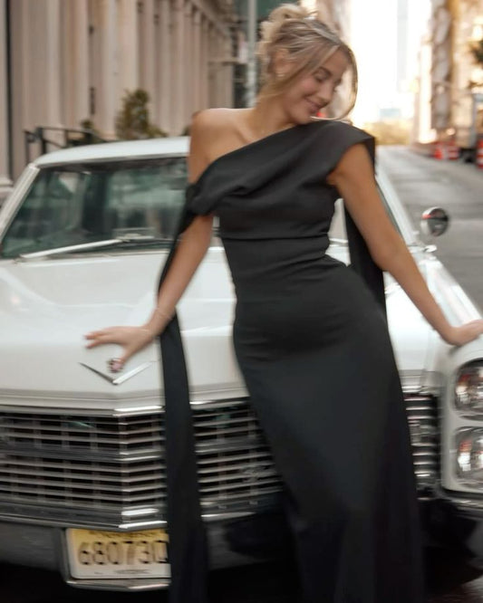 Hermosos vestidos de fiesta de satén negro con un solo hombro, vestidos formales de verano para invitadas de boda, trajes para invitadas de boda DP2161