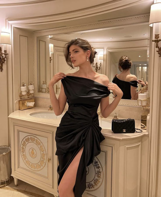 Hermosos vestidos de fiesta de satén negro con hombros descubiertos, vestidos formales de verano para invitadas de boda, atuendos para invitadas de boda DP2169