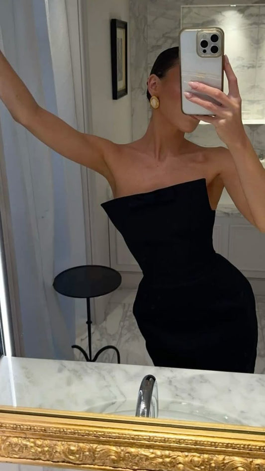 Vestidos de fiesta negros sencillos, sin tirantes, para invitadas de boda de verano, DP2176