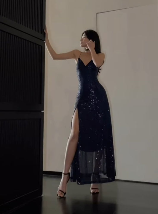 Simple Sheath Spaghetti Straps Sleeveless Navy Blue Sequin Slit Prom Dresses Formal Summer Wedding Guest Dresses Wedding Guest Outfits DP2205