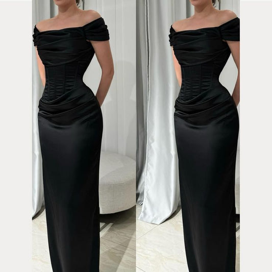 Vestidos de fiesta de satén negro con hombros descubiertos y corte en A, sexys, para invitadas de boda de verano, trajes de invitada de boda DP2215