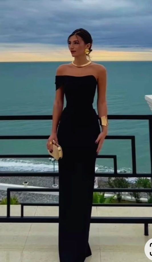 Vestido de fiesta azul marino de satén con hombros descubiertos y corte sexy, vestido formal de verano para invitadas de boda, atuendo para invitadas de boda DP2219