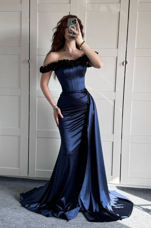 Vestidos de fiesta de satén azul marino con hombros descubiertos y corte sirena sexy, vestidos formales de verano para invitadas de boda, trajes para invitadas de boda DP2240