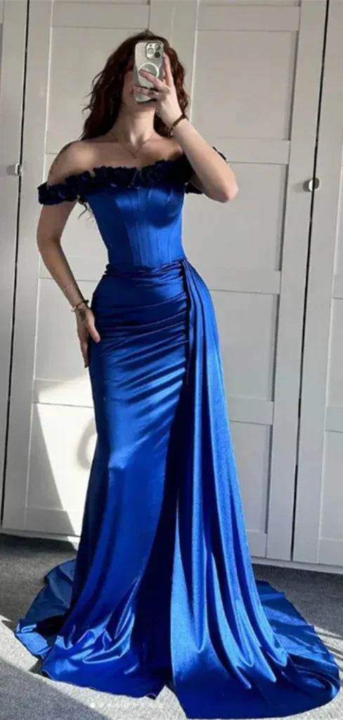 Vestidos de fiesta de satén azul rey con hombros descubiertos y corte sirena sexy, vestidos formales de verano para invitadas de boda, trajes para invitadas de boda DP2247