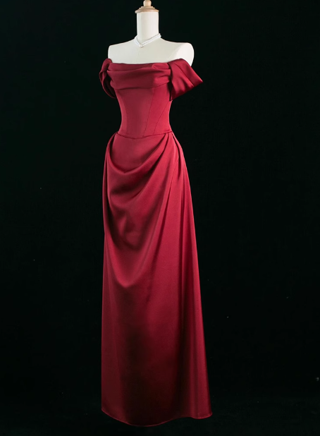 Elegante vestido de fiesta de satén burdeos con hombros descubiertos y corte en A, vestidos formales de verano para invitadas de boda, trajes para invitadas de boda DP2248