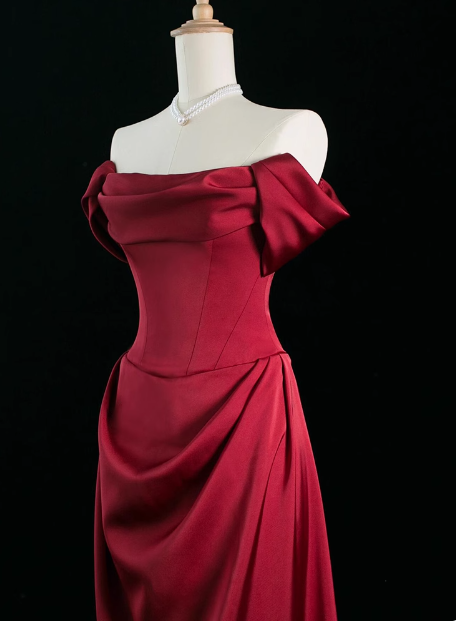 Elegante vestido de fiesta de satén burdeos con hombros descubiertos y corte en A, vestidos formales de verano para invitadas de boda, trajes para invitadas de boda DP2248