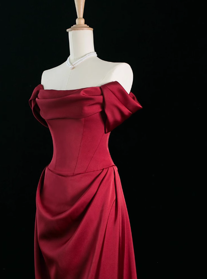 Elegante vestido de fiesta de satén burdeos con hombros descubiertos y corte en A, vestidos formales de verano para invitadas de boda, trajes para invitadas de boda DP2248