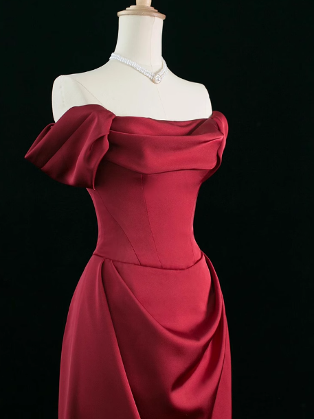 Elegante vestido de fiesta de satén burdeos con hombros descubiertos y corte en A, vestidos formales de verano para invitadas de boda, trajes para invitadas de boda DP2248