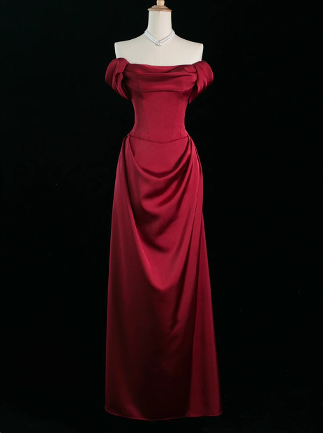 Elegante vestido de fiesta de satén burdeos con hombros descubiertos y corte en A, vestidos formales de verano para invitadas de boda, trajes para invitadas de boda DP2248