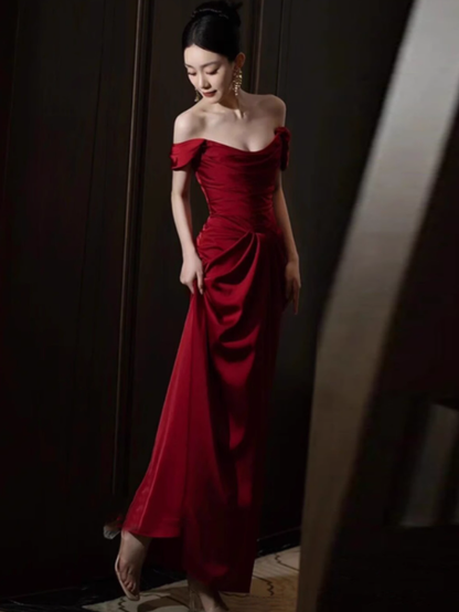 Elegante vestido de fiesta de satén burdeos con hombros descubiertos y corte en A, vestidos formales de verano para invitadas de boda, trajes para invitadas de boda DP2253