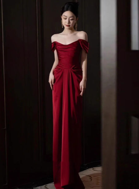Elegante vestido de fiesta de satén burdeos con hombros descubiertos y corte en A, vestidos formales de verano para invitadas de boda, trajes para invitadas de boda DP2253