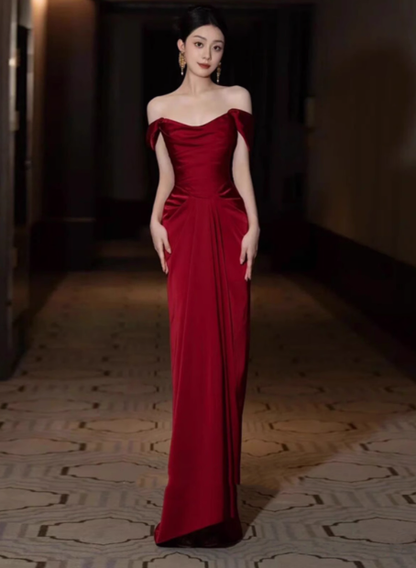 Elegante vestido de fiesta de satén burdeos con hombros descubiertos y corte en A, vestidos formales de verano para invitadas de boda, trajes para invitadas de boda DP2253