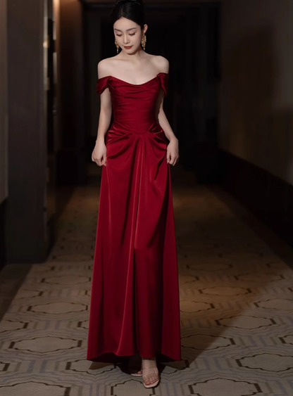 Elegante vestido de fiesta de satén burdeos con hombros descubiertos y corte en A, vestidos formales de verano para invitadas de boda, trajes para invitadas de boda DP2253