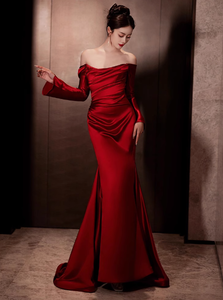 Elegante vestido de fiesta de satén burdeos con hombros descubiertos y corte sirena, vestidos formales de verano para invitadas de boda, trajes para invitadas de boda DP2255