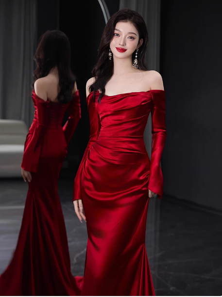 Elegante vestido de fiesta de satén burdeos con hombros descubiertos y corte sirena, vestidos formales de verano para invitadas de boda, trajes para invitadas de boda DP2255