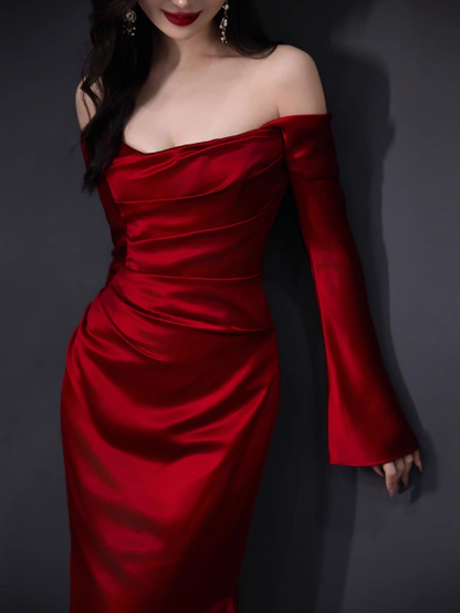 Elegante vestido de fiesta de satén burdeos con hombros descubiertos y corte sirena, vestidos formales de verano para invitadas de boda, trajes para invitadas de boda DP2255