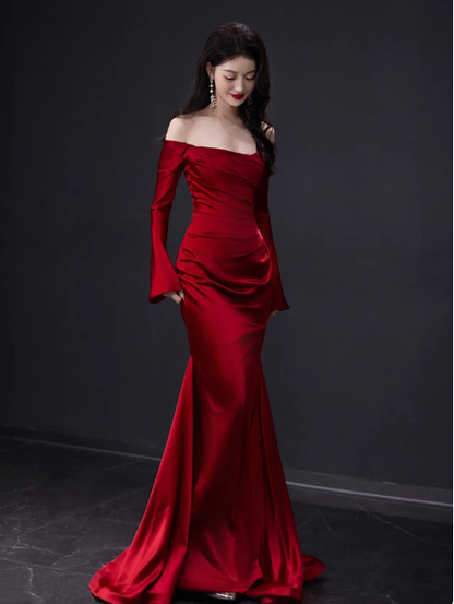 Elegante vestido de fiesta de satén burdeos con hombros descubiertos y corte sirena, vestidos formales de verano para invitadas de boda, trajes para invitadas de boda DP2255
