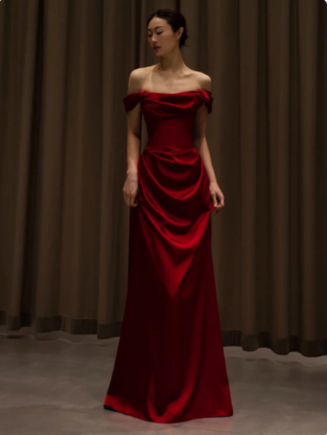 Elegante vestido de fiesta de satén burdeos con hombros descubiertos y corte sirena, vestidos formales de verano para invitadas de boda, trajes para invitadas de boda DP2262