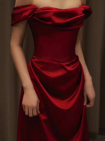 Elegante vestido de fiesta de satén burdeos con hombros descubiertos y corte sirena, vestidos formales de verano para invitadas de boda, trajes para invitadas de boda DP2155