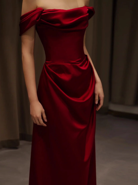 Elegante vestido de fiesta de satén burdeos con hombros descubiertos y corte sirena, vestidos formales de verano para invitadas de boda, trajes para invitadas de boda DP2262