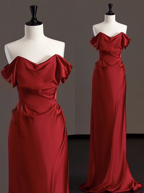 Elegante vestido de fiesta de satén rojo con hombros descubiertos, vestidos formales de verano para invitadas de boda, trajes para invitadas de boda DP2264